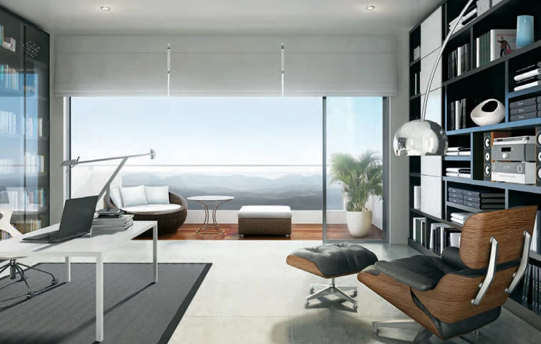 A fully air-conditioned living room with a high ceiling illustrating grandeur.